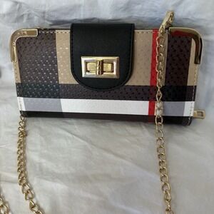 Plaid Checker Crossbody Wallet Gold Chain Cubism Plaid Plasticism Wristlet